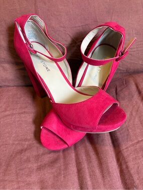 Sun + Stone Red Suede Block Heel Sandals